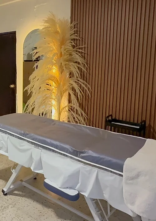 Rincón de la cabina con lámpara de pampas y espejo en arco